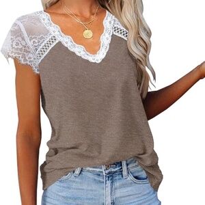 Women's Crochet Lace Basic T-Shirt Short Sleeve Loose Fitting Tunic Tank Size S